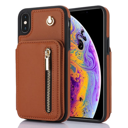 For iPhone XS Max YM006 Skin Feel Zipper Card Bag Phone Case with Dual Lanyard(Brown) - More iPhone Cases by buy2fix | Online Shopping UK | buy2fix