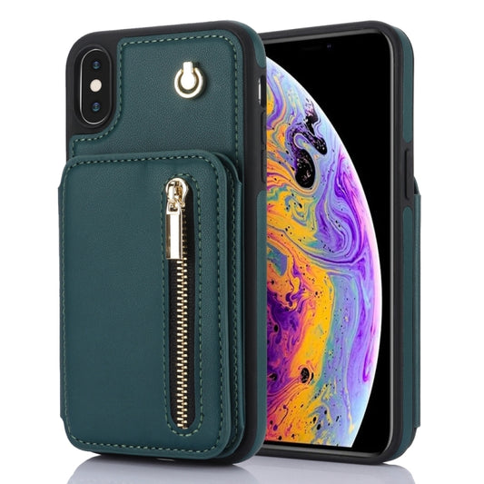 For iPhone XS Max YM006 Skin Feel Zipper Card Bag Phone Case with Dual Lanyard(Green) - More iPhone Cases by buy2fix | Online Shopping UK | buy2fix