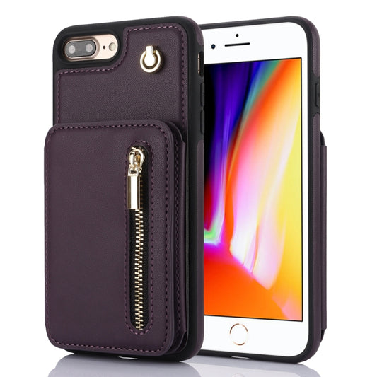 For iPhone 7 Plus / 8 Plus YM006 Skin Feel Zipper Card Bag Phone Case with Dual Lanyard(Dark Purple) - More iPhone Cases by buy2fix | Online Shopping UK | buy2fix