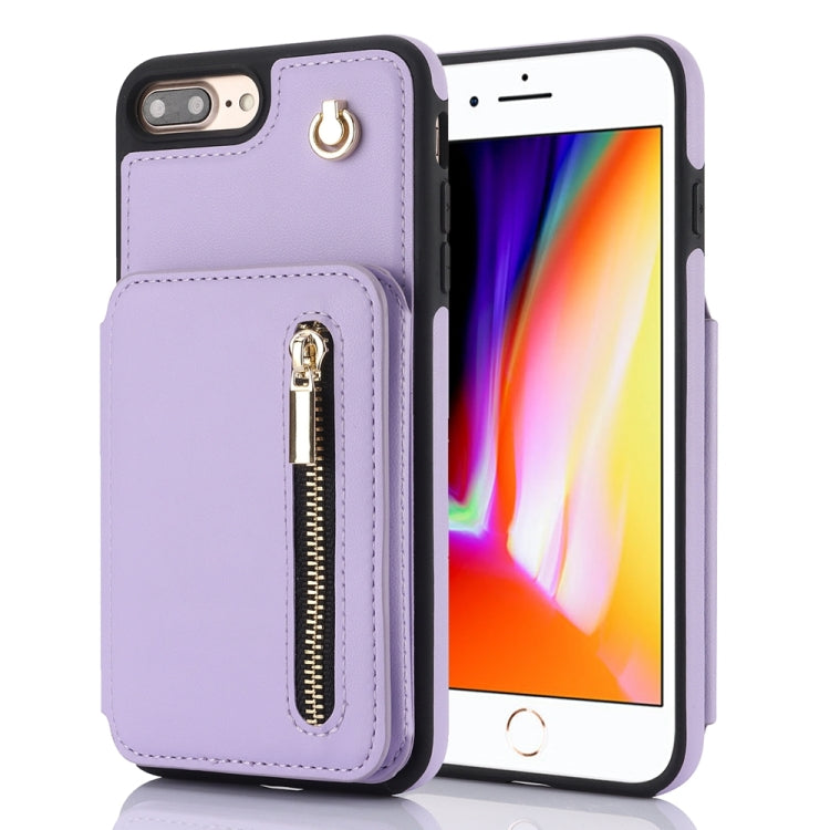 For iPhone 7 Plus / 8 Plus YM006 Skin Feel Zipper Card Bag Phone Case with Dual Lanyard(Light Purple) - More iPhone Cases by buy2fix | Online Shopping UK | buy2fix