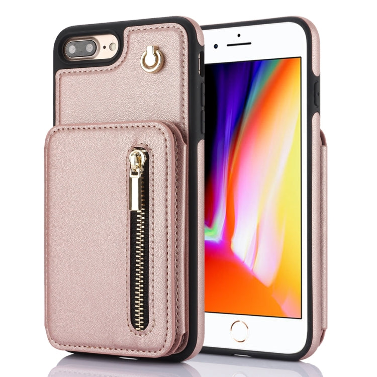 For iPhone 7 Plus / 8 Plus YM006 Skin Feel Zipper Card Bag Phone Case with Dual Lanyard(Rose Gold) - More iPhone Cases by buy2fix | Online Shopping UK | buy2fix