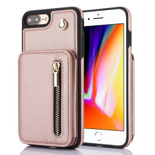 For iPhone 7 Plus / 8 Plus YM006 Skin Feel Zipper Card Bag Phone Case with Dual Lanyard(Rose Gold) - More iPhone Cases by buy2fix | Online Shopping UK | buy2fix