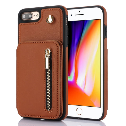 For iPhone 7 Plus / 8 Plus YM006 Skin Feel Zipper Card Bag Phone Case with Dual Lanyard(Brown) - More iPhone Cases by buy2fix | Online Shopping UK | buy2fix