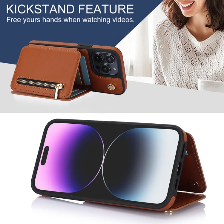 For iPhone 7 Plus / 8 Plus YM006 Skin Feel Zipper Card Bag Phone Case with Dual Lanyard(Brown) - More iPhone Cases by buy2fix | Online Shopping UK | buy2fix
