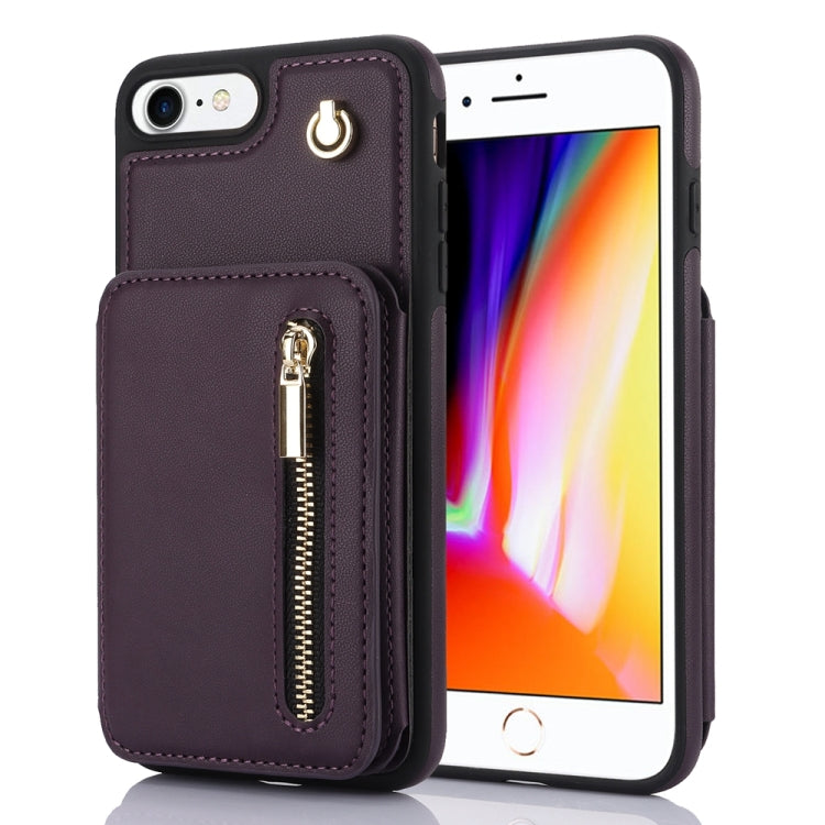 For iPhone SE 2022 / 2020 / 8 / 7 YM006 Skin Feel Zipper Card Bag Phone Case with Dual Lanyard(Dark Purple) - More iPhone Cases by buy2fix | Online Shopping UK | buy2fix
