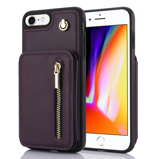 For iPhone SE 2022 / 2020 / 8 / 7 YM006 Skin Feel Zipper Card Bag Phone Case with Dual Lanyard(Dark Purple) - More iPhone Cases by buy2fix | Online Shopping UK | buy2fix