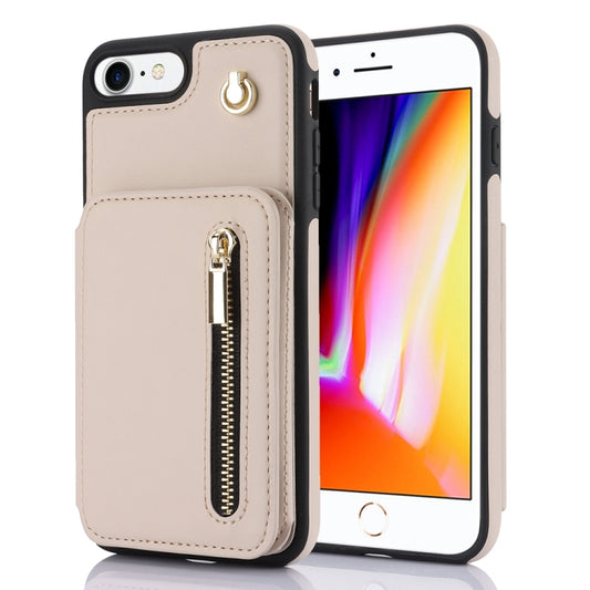 For iPhone SE 2022 / 2020 / 8 / 7 YM006 Skin Feel Zipper Card Bag Phone Case with Dual Lanyard(Apricot) - More iPhone Cases by buy2fix | Online Shopping UK | buy2fix