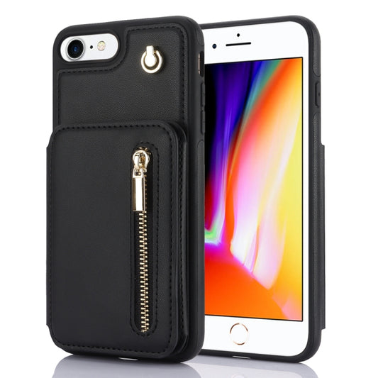 For iPhone SE 2022 / 2020 / 8 / 7 YM006 Skin Feel Zipper Card Bag Phone Case with Dual Lanyard(Black) - More iPhone Cases by buy2fix | Online Shopping UK | buy2fix