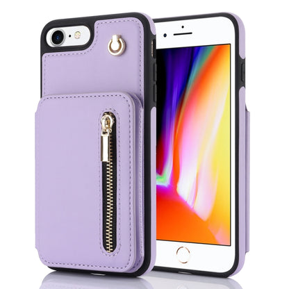 For iPhone SE 2022 / 2020 / 8 / 7 YM006 Skin Feel Zipper Card Bag Phone Case with Dual Lanyard(Light Purple) - More iPhone Cases by buy2fix | Online Shopping UK | buy2fix