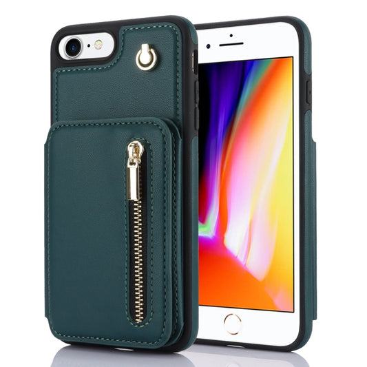 For iPhone SE 2022 / 2020 / 8 / 7 YM006 Skin Feel Zipper Card Bag Phone Case with Dual Lanyard(Green) - More iPhone Cases by buy2fix | Online Shopping UK | buy2fix