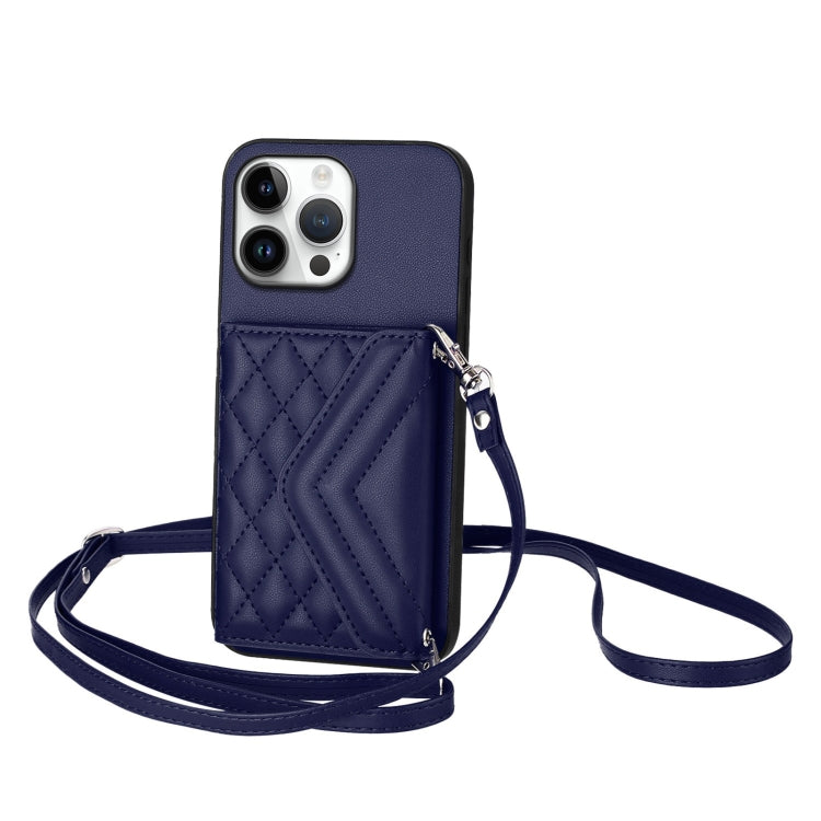For iPhone 16 Pro Max Rhombic Texture Card Bag RFID Phone Case with Long Lanyard(Blue) by buy2fix