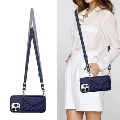 For iPhone 16 Pro Max Rhombic Texture Card Bag RFID Phone Case with Long Lanyard(Blue) by buy2fix