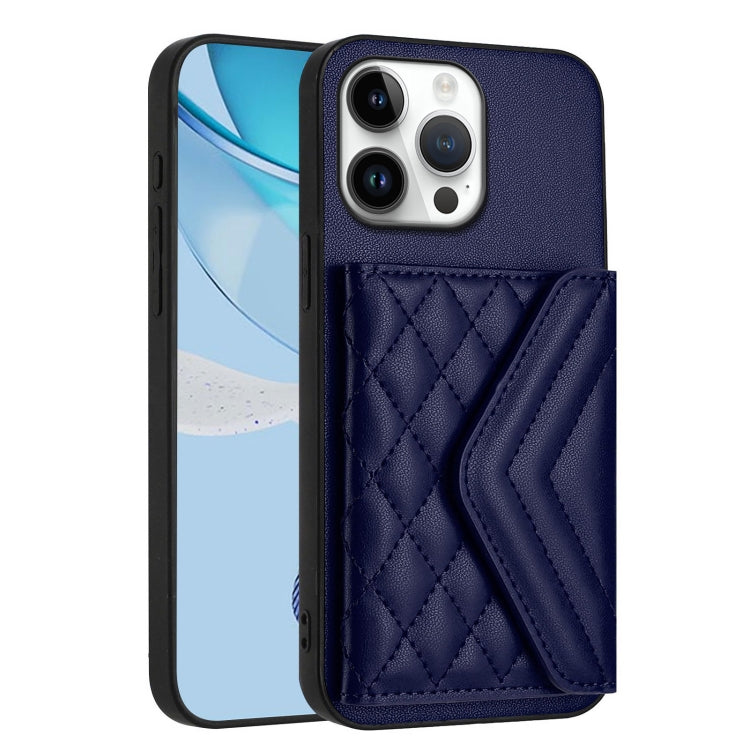 For iPhone 16 Pro Max Rhombic Texture Card Bag RFID Phone Case with Long Lanyard(Blue) by buy2fix