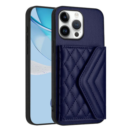 For iPhone 16 Pro Max Rhombic Texture Card Bag RFID Phone Case with Long Lanyard(Blue) by buy2fix