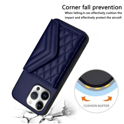 For iPhone 16 Pro Max Rhombic Texture Card Bag RFID Phone Case with Long Lanyard(Blue) by buy2fix