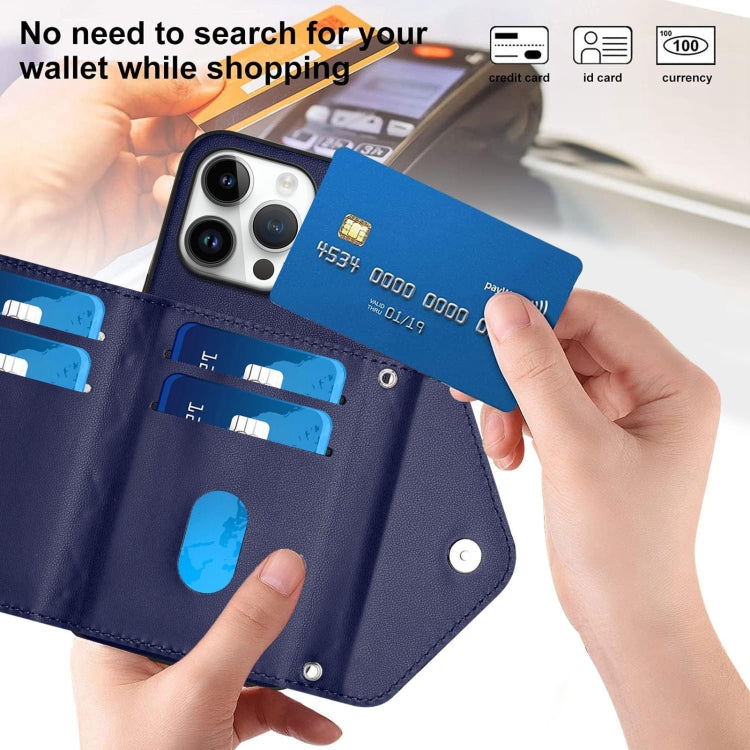 For iPhone 16 Pro Max Rhombic Texture Card Bag RFID Phone Case with Long Lanyard(Blue) by buy2fix