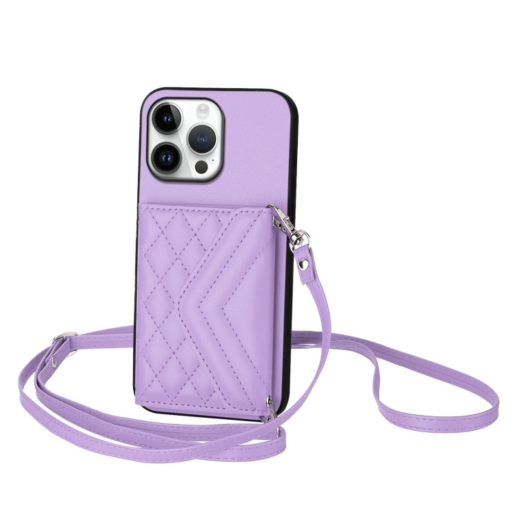 For iPhone 16 Pro Max Rhombic Texture Card Bag RFID Phone Case with Long Lanyard(Light Purple) by buy2fix