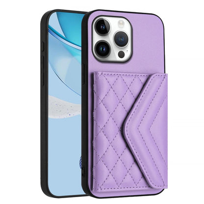 For iPhone 16 Pro Max Rhombic Texture Card Bag RFID Phone Case with Long Lanyard(Light Purple) by buy2fix