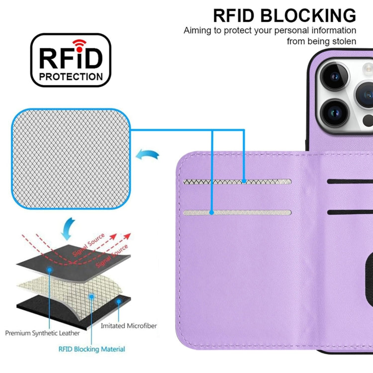 For iPhone 16 Pro Max Rhombic Texture Card Bag RFID Phone Case with Long Lanyard(Light Purple) by buy2fix