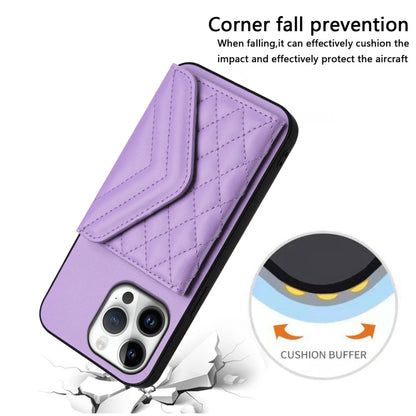 For iPhone 16 Pro Max Rhombic Texture Card Bag RFID Phone Case with Long Lanyard(Light Purple) by buy2fix