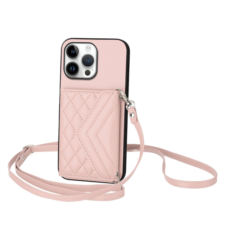 For iPhone 16 Pro Max Rhombic Texture Card Bag RFID Phone Case with Long Lanyard(Rose Gold) by buy2fix