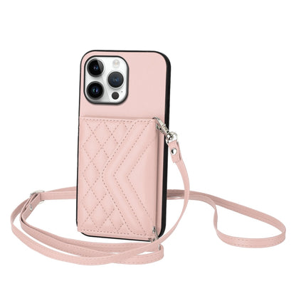 For iPhone 16 Pro Max Rhombic Texture Card Bag RFID Phone Case with Long Lanyard(Rose Gold) by buy2fix