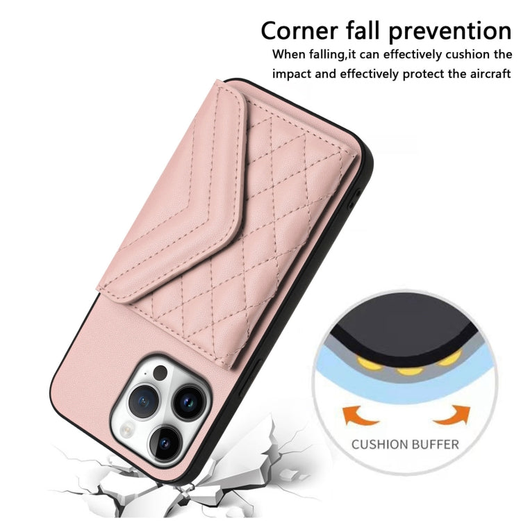 For iPhone 16 Pro Max Rhombic Texture Card Bag RFID Phone Case with Long Lanyard(Rose Gold) by buy2fix