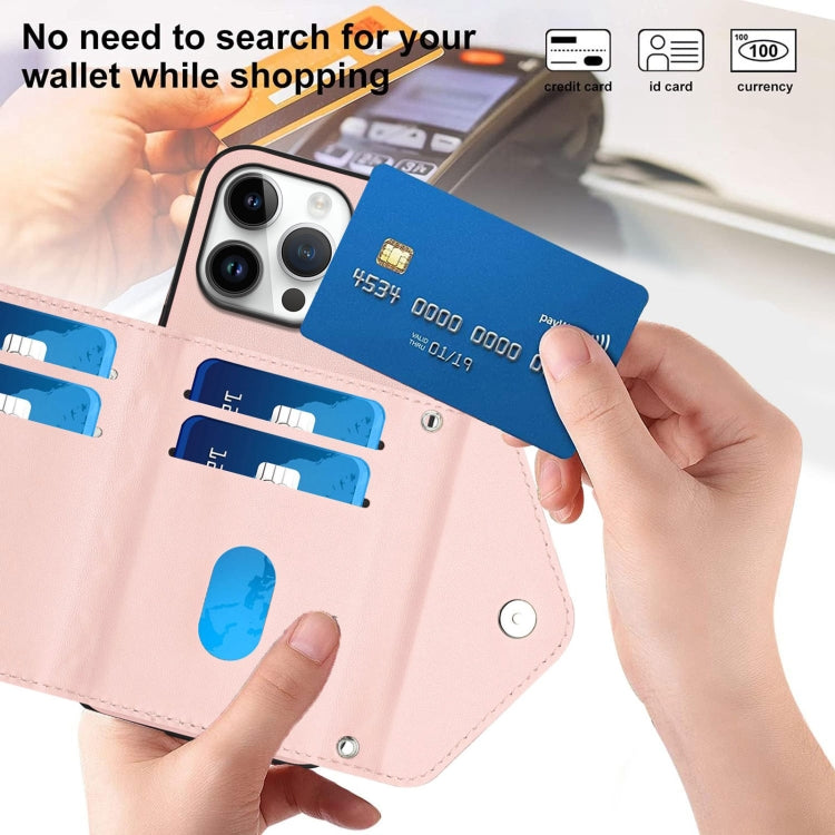 For iPhone 16 Pro Max Rhombic Texture Card Bag RFID Phone Case with Long Lanyard(Rose Gold) by buy2fix