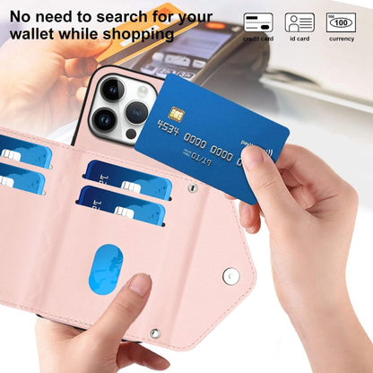 For iPhone 16 Pro Max Rhombic Texture Card Bag RFID Phone Case with Long Lanyard(Rose Gold) by buy2fix