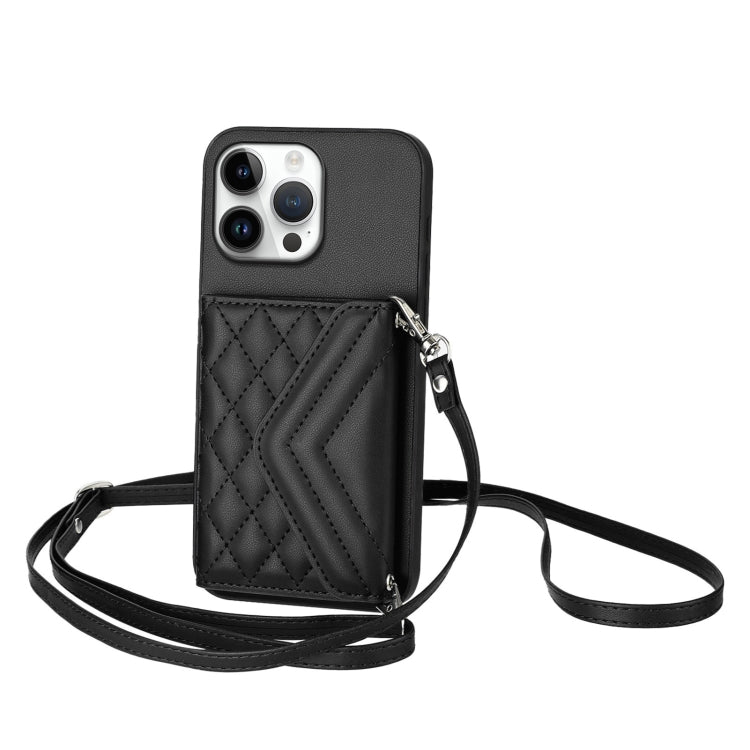 For iPhone 16 Pro Max Rhombic Texture Card Bag RFID Phone Case with Long Lanyard(Black) by buy2fix
