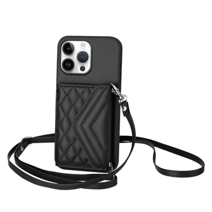 For iPhone 16 Pro Max Rhombic Texture Card Bag RFID Phone Case with Long Lanyard(Black) by buy2fix