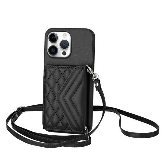 For iPhone 16 Pro Max Rhombic Texture Card Bag RFID Phone Case with Long Lanyard(Black) by buy2fix