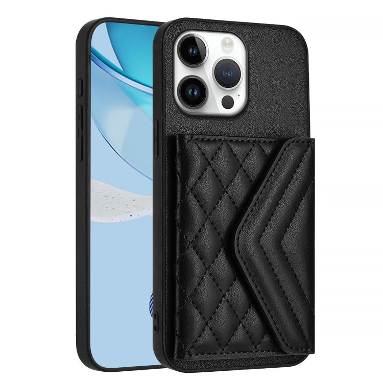 For iPhone 16 Pro Max Rhombic Texture Card Bag RFID Phone Case with Long Lanyard(Black) by buy2fix