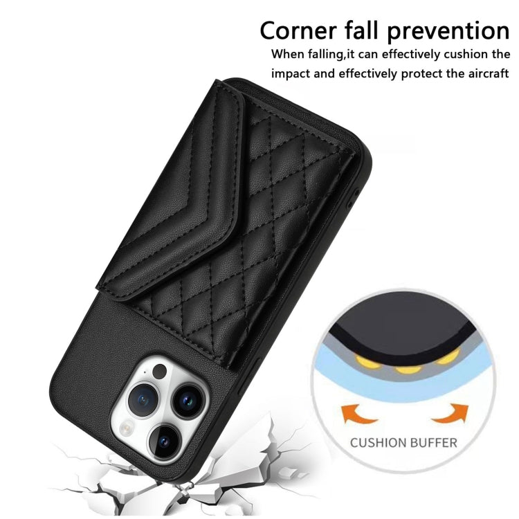 For iPhone 16 Pro Max Rhombic Texture Card Bag RFID Phone Case with Long Lanyard(Black) by buy2fix