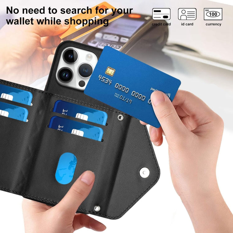 For iPhone 16 Pro Max Rhombic Texture Card Bag RFID Phone Case with Long Lanyard(Black) by buy2fix