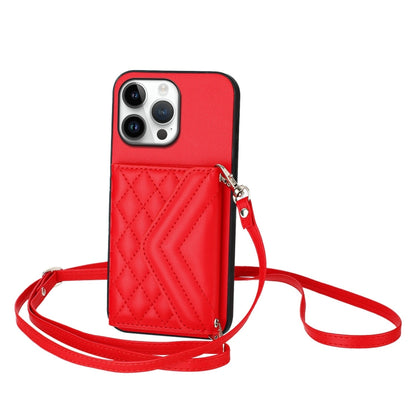 For iPhone 16 Pro Max Rhombic Texture Card Bag RFID Phone Case with Long Lanyard(Red) by buy2fix