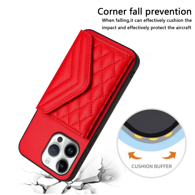 For iPhone 16 Pro Max Rhombic Texture Card Bag RFID Phone Case with Long Lanyard(Red) by buy2fix