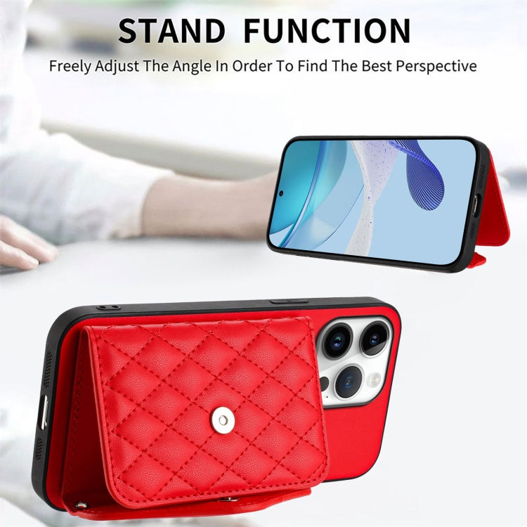 For iPhone 16 Pro Max Rhombic Texture Card Bag RFID Phone Case with Long Lanyard(Red) by buy2fix