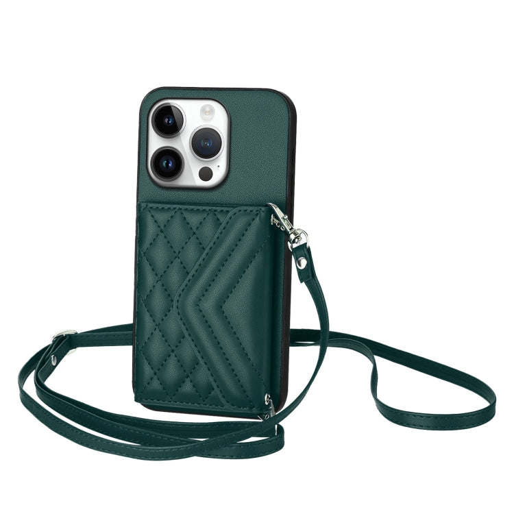For iPhone 16 Pro Rhombic Texture Card Bag RFID Phone Case with Long Lanyard(Green) by buy2fix