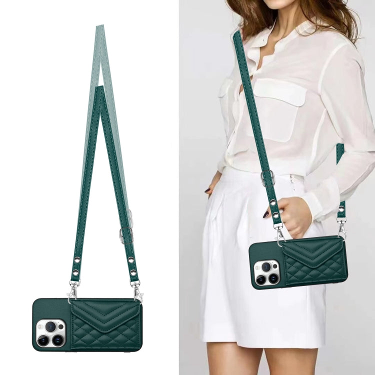 For iPhone 16 Pro Rhombic Texture Card Bag RFID Phone Case with Long Lanyard(Green) by buy2fix