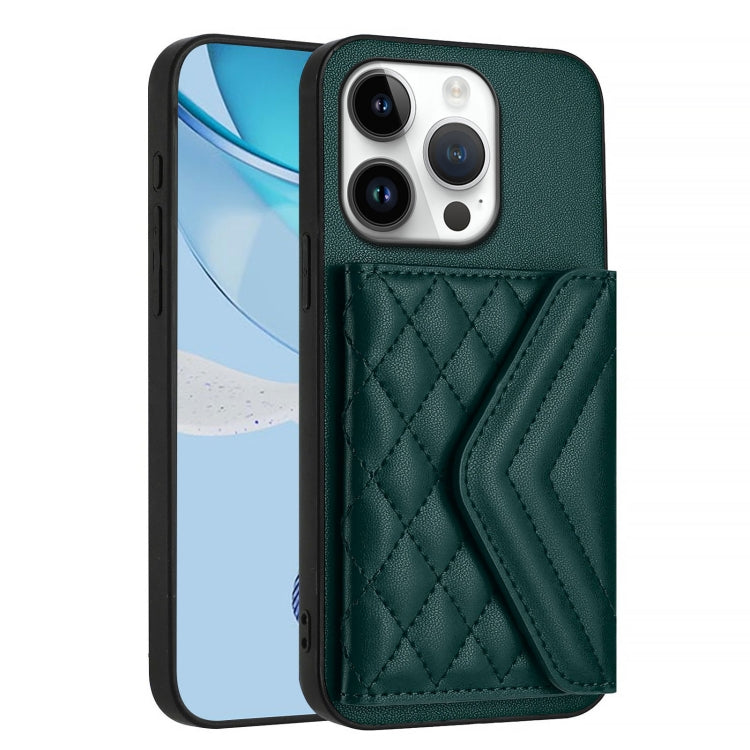 For iPhone 16 Pro Rhombic Texture Card Bag RFID Phone Case with Long Lanyard(Green) by buy2fix