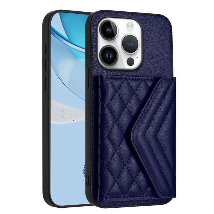 For iPhone 16 Pro Rhombic Texture Card Bag RFID Phone Case with Long Lanyard(Blue) by buy2fix