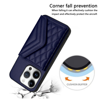 For iPhone 16 Pro Rhombic Texture Card Bag RFID Phone Case with Long Lanyard(Blue) by buy2fix