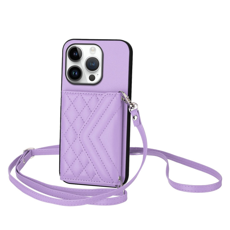 For iPhone 16 Pro Rhombic Texture Card Bag RFID Phone Case with Long Lanyard(Light Purple) by buy2fix