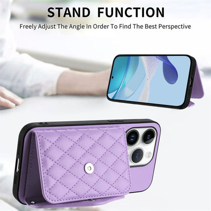 For iPhone 16 Pro Rhombic Texture Card Bag RFID Phone Case with Long Lanyard(Light Purple) by buy2fix