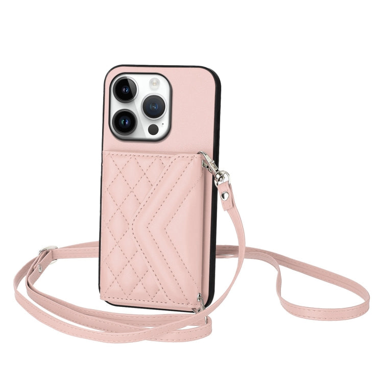 For iPhone 16 Pro Rhombic Texture Card Bag RFID Phone Case with Long Lanyard(Rose Gold) by buy2fix