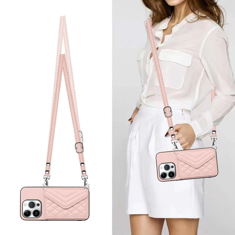 For iPhone 16 Pro Rhombic Texture Card Bag RFID Phone Case with Long Lanyard(Rose Gold) by buy2fix
