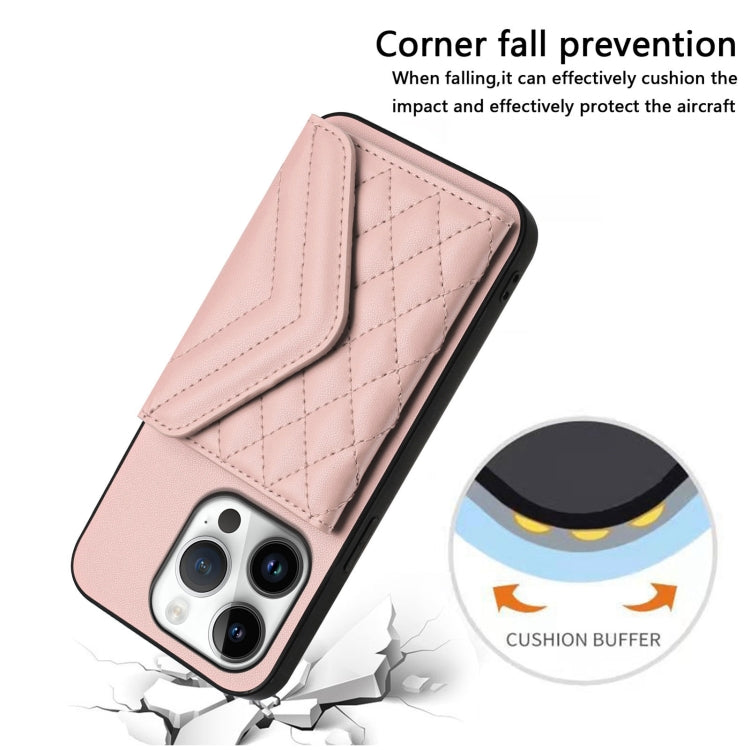 For iPhone 16 Pro Rhombic Texture Card Bag RFID Phone Case with Long Lanyard(Rose Gold) by buy2fix