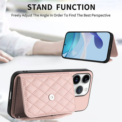 For iPhone 16 Pro Rhombic Texture Card Bag RFID Phone Case with Long Lanyard(Rose Gold) by buy2fix