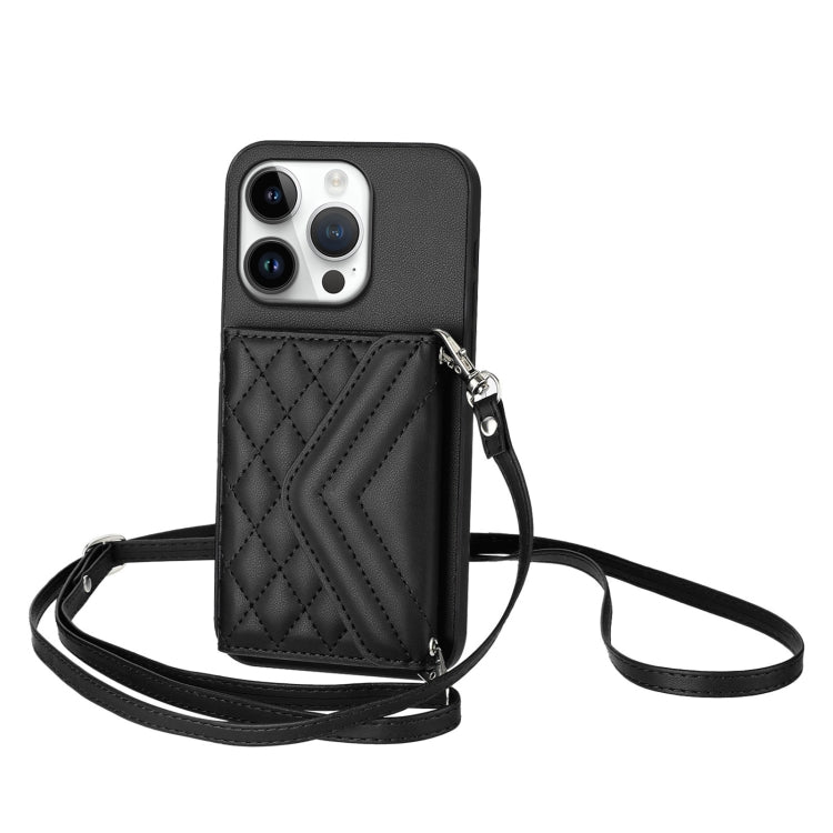 For iPhone 16 Pro Rhombic Texture Card Bag RFID Phone Case with Long Lanyard(Black) by buy2fix